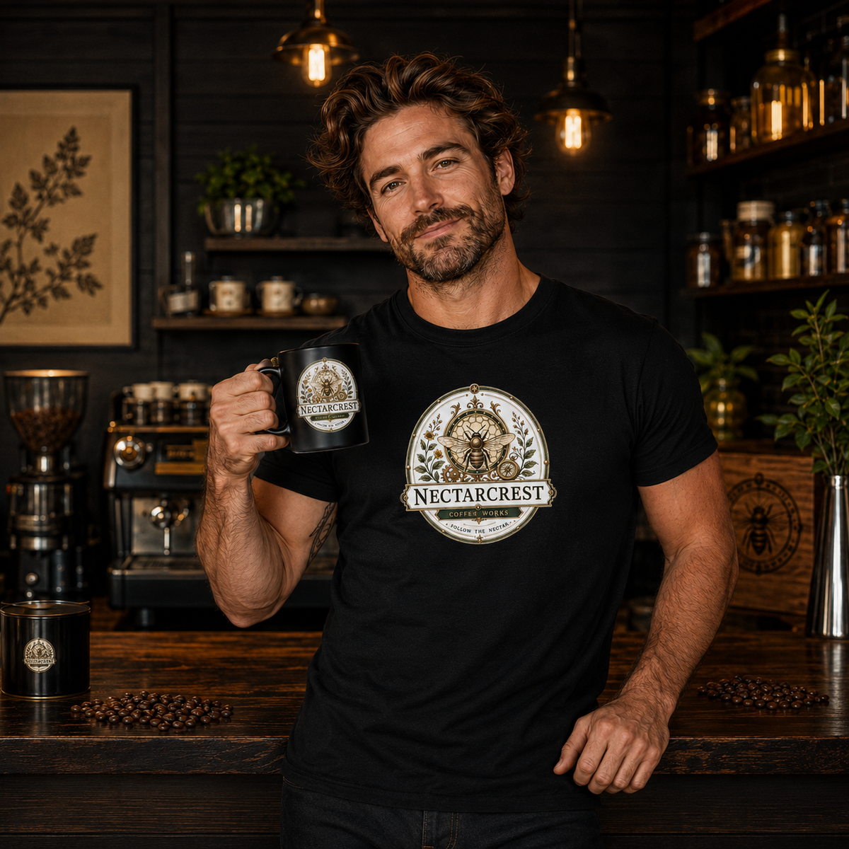 A man in a rustic coffee shop setting wearing a black t-shirt with a circular 'Nectarcrest' logo on the chest, holding up a matching black ceramic mug.