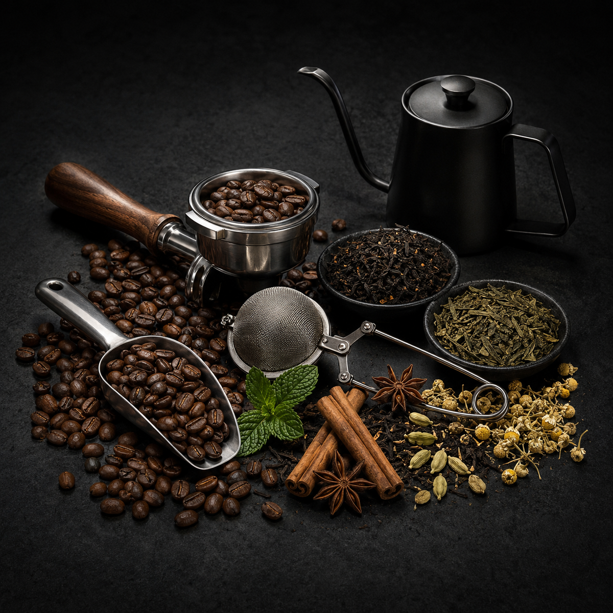 A styled coffee preparation scene on a dark surface, featuring roasted coffee beans, a black gooseneck kettle, a metal portafilter, a mesh filter, bowls of loose coffee beans and brewed coffee, cinnamon sticks, star anise, mint leaves, and dried flowers.